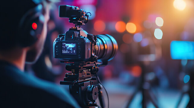 Silhouette images of video production behind the scenes or b-roll or making of TV commercial movie that film crew team lightman and cameraman working together with director in big studio