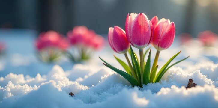 Artistic crosus bulbs bursting forth from snowy earth after icy thaw, winter, snow, art
