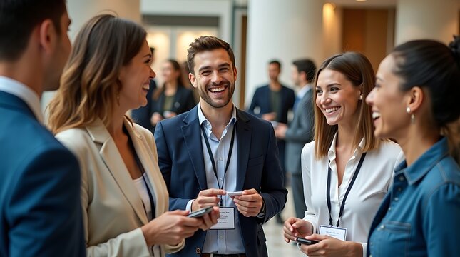 Diverse group of professionals mingling and sharing ideas at a corporate networking event, enjoying drinks and creating connections in a friendly and motivating business environment
