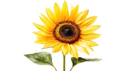 Obraz premium A vibrant yellow sunflower with green leaves isolated on white