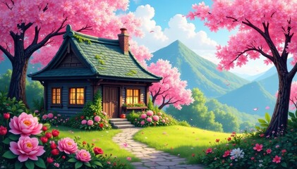 Fototapeta premium A small cottage surrounded by vibrant pink Sakura flowers and greenery, green, flowers, blossom