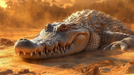 A large crocodile lying on the ground