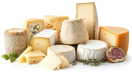 Assorted Cheeses Including Soft, Hard, and Blue Varieties Arranged on a White Background Ideal for Culinary, Food, and Gourmet Themes in High-Quality Stock Photography
