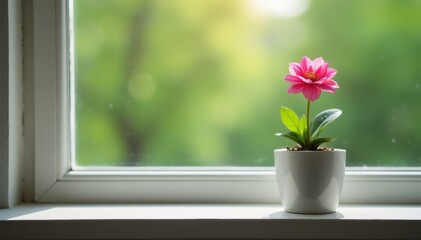 A tiny ceramic planter with a single bloom on the windowsill, small garden, flower pot, plant pot