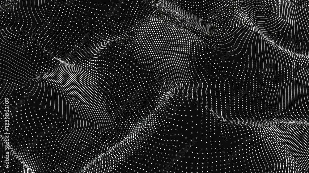 Poster abstract black and white patterns with dots and lines creating depth and texture in a dynamic flowin