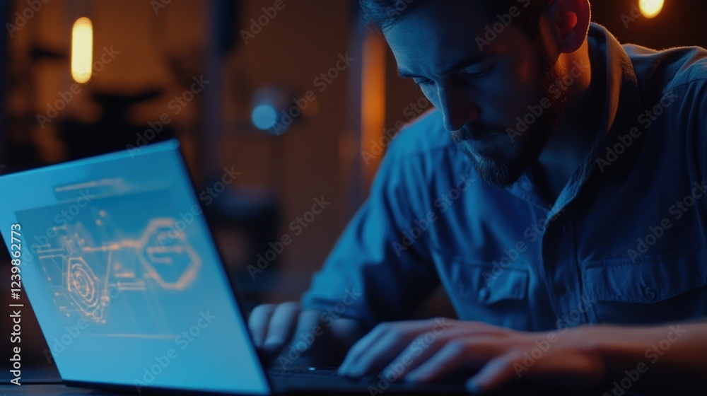 Poster focused programmer working late on futuristic project