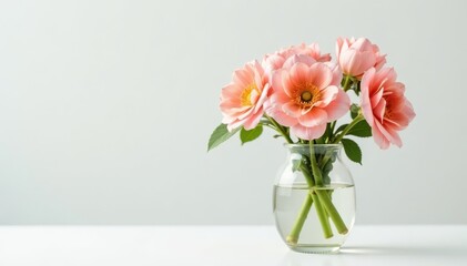 Fototapeta premium Beautifully arranged flowers in a clear glass vase against a crisp white backdrop , , white background, simple style