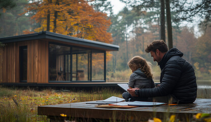 Fototapeta premium father and daughter drawing in sketchbooks in front of their modern glamping hut, surrounded by beautiful nature with trees and a lake in the background