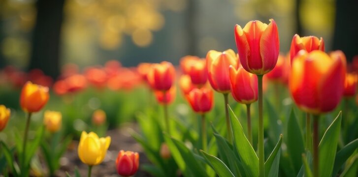 Bl?hende Tulpen in einem Fr?hjahrsgarten mit Narzissen und anderen Pflanzen, blooming, flowers, nature