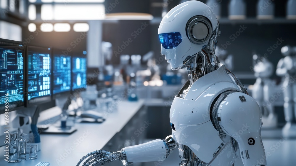 Poster advanced robotic system analyzing data in modern laboratory