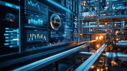 Fototapeta premium Large screen displays various industrial data metrics. Illustrates smart factory automation and data-driven manufacturing processes.