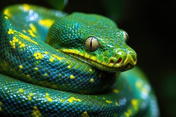 emerald tree python in dramatic lighting scales glistening with iridescent highlights