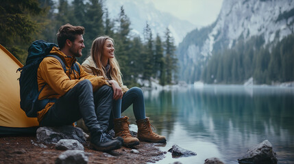 Naklejka premium young couple in hiking gear sits by the lake, enjoying each other's company and surrounded by pine trees with their tent set up nearby.