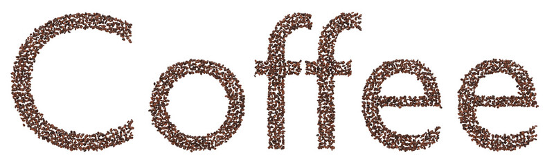 Coffee Bean Text Render: 3D Word 'Coffee' Isolated on Transparent Background