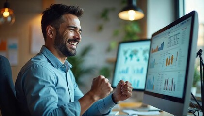 Fototapeta premium A financial expert looks with a happy face at a monitor showing financial diagrams while clenching his fists as seen from the side. In an office room with bright daylight coming in from the window.