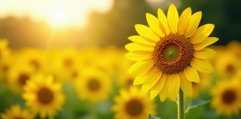 Obraz premium Bright yellow sunflowers stand tall in a blurred sunny field, summer, sunflowers, field
