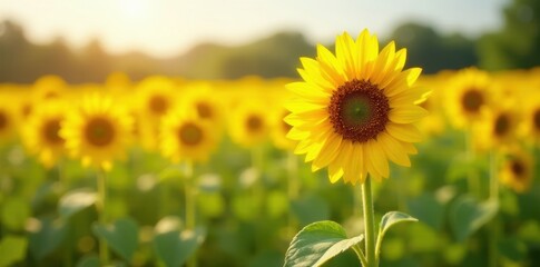 Fototapeta premium Bright yellow sunflowers standing tall in a field on a warm sunny day, sunshine, yellow, flowers