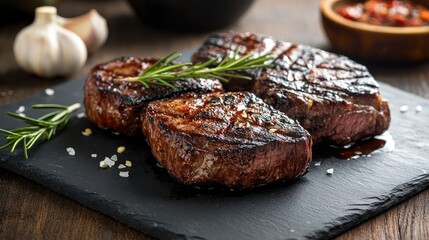 Juicy Grilled Beef Steaks on a Slate Plate Garnished with Fresh Rosemary and Sea Salt, Perfect for Culinary Photography and Food Blogging Inspiration
