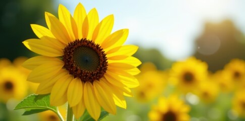 Fototapeta premium Close-up of a smiling sunflower with large bright yellow petals and dark brown center, in a sunny meadow, yellow, sunshine, meadow