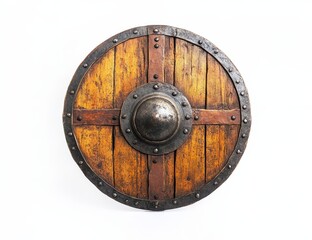 Round wooden shield with metal rim and boss. (2)