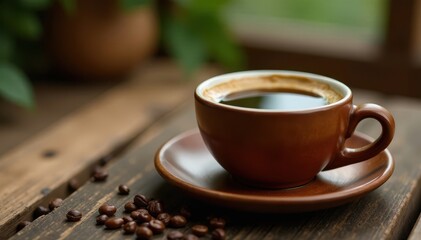 Closeup of coffee in a wooden vessel on a natural table setting, nature, green leaf, interior design