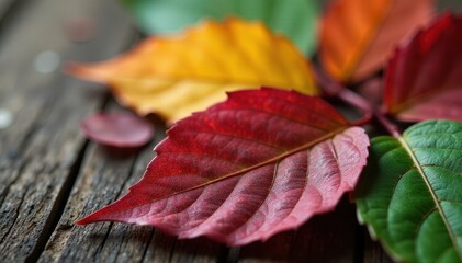 Close-up of colorful leaves with intricate veins and texture on a wooden background, wood, leaves, nature