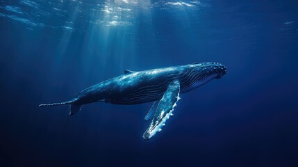 Fototapeta premium Majestic Humpback Whale Swimming Gracefully Beneath the Surface of the Deep Blue Ocean Surrounded by Rays of Light Filtering Through the Water