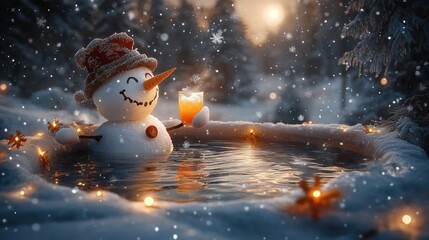 Obraz premium Snowman Hot Tub Cocktail Winter Night Relaxation Spa in Snowy Forest