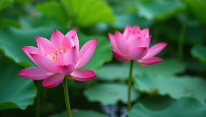 Obraz premium Close-up of lotus flowers with green leaves submerged in lake water, lake scenery, botanical photograph, aquatic environment