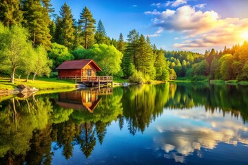 Fototapeta premium Stress-Free Summer Vacation Planning: Serene Lakeside Cabin Getaway