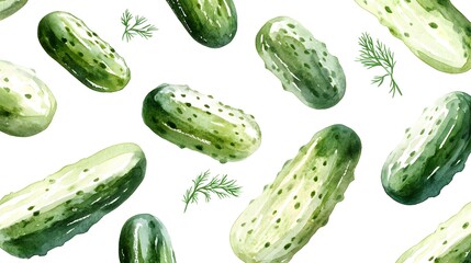 Watercolor Painting of Green Pickled Cucumbers and Dill