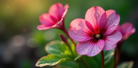 Close-up of primula auricula flowers with dew drops, closeup, droplet, auricula