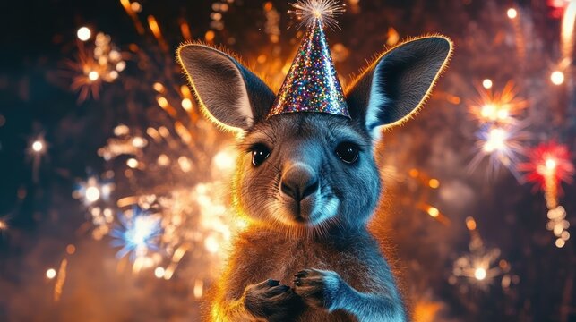 Joyful kangaroo celebrating New Year's Eve under colorful fireworks with sparkler and party hat