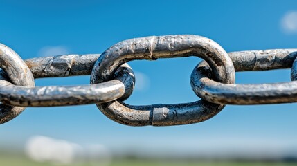 Fototapeta premium A close-up of a metallic chain link against a blue sky.