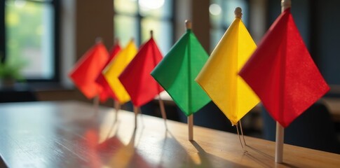 Colorful flags lined up in a neat row on a table , crests, countries, global unity