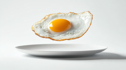 A perfectly cooked fried egg suspended above a minimalistic white plate, capturing the essence of culinary art.