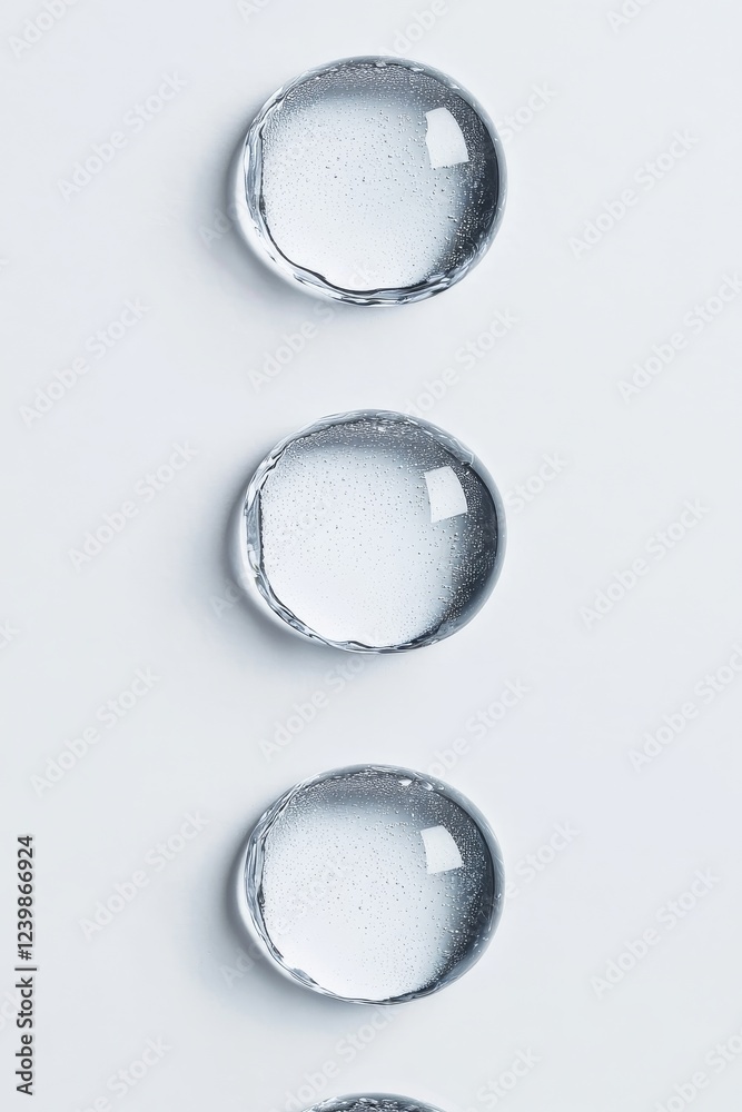Poster three clear water droplets aligned vertically on a white background.