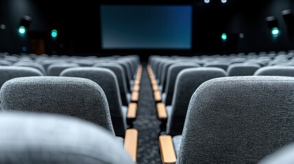 A view of empty cinema seats leading to a large screen, ready for a movie screening.