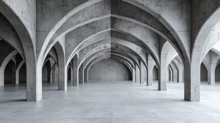 A spacious interior featuring concrete arches and a minimalist design.