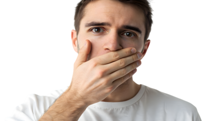 portrait of a man covered his mouth with his hand.