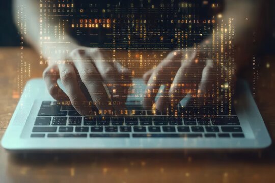 programmer typing code on laptop in a dark data center for software security system bug fixing and engineering