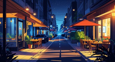 Obraz premium Nighttime street in a dense urban area light from restaurants casting shadows on the sidewalk illustration
