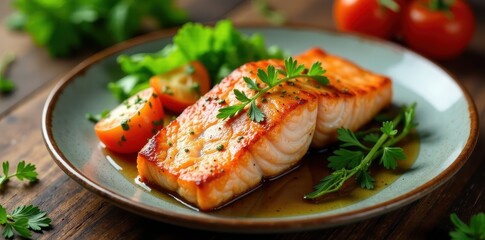 Crispy fried salmon steak atop a wooden table surrounded by steamed vegetables and fresh herbs , restaurant, wood, fish