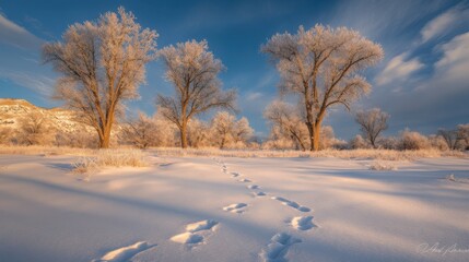 Obraz premium Winter Wonderland: Footprints in the Snow, Frost-Covered Trees and Golden Sunrise