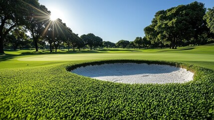 Fototapeta premium A serene golf course with a sand bunker surrounded by lush greenery under a bright sun.
