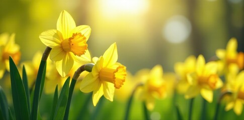 Daffodils swaying gently in the breeze with sunlight filtering through, green, yellow, garden