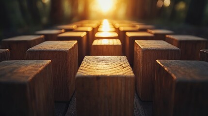 Fototapeta premium Golden Hour Wooden Blocks: A Serene Sunset Scene