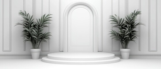 Elegant White Podium Display with Plants  Minimalist Product Presentation Background