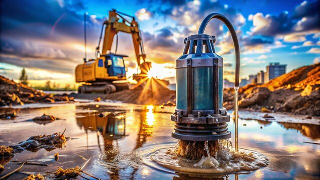 Submersible Pump Drains Water from Construction Site, Bokeh Effect