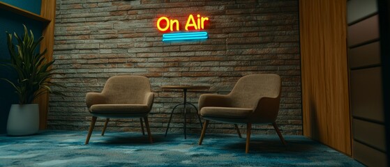 On Air Studio  Brick Wall  Neon Sign  Lounge Chairs